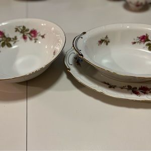 Royal Rose Fine China Serving pieces, oval platter, oval bowl, round bowl.